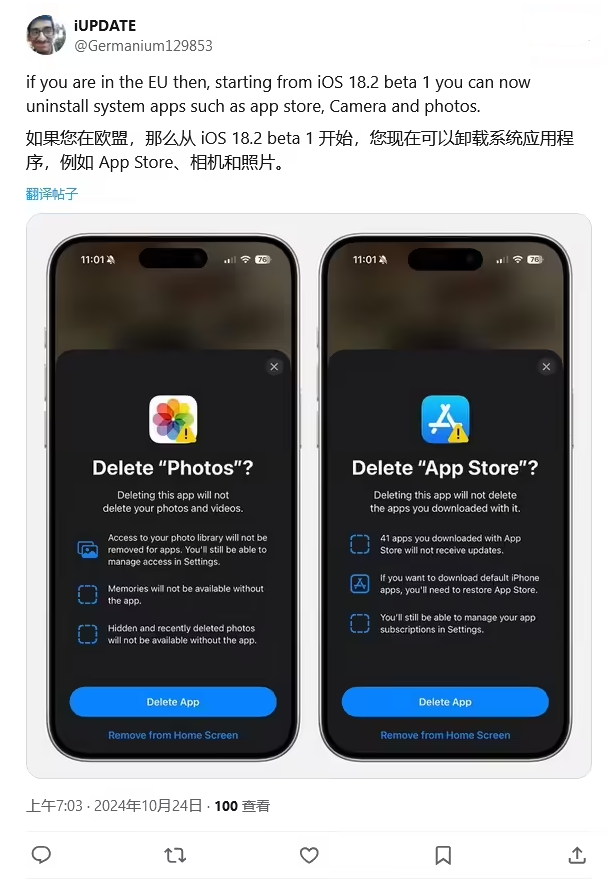 灵寿苹果手机维修分享iOS 18.2 支持删除 App Store 应用商店 