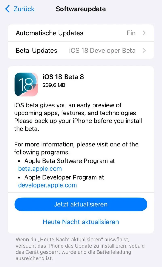 灵寿苹果手机维修分享苹果 iOS / iPadOS 18 开发者预览版 Beta 8 发布 